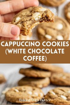 a person holding up a cookie with white chocolate in front of them and the words cappuccino cookies on top