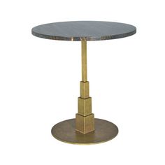 a black and gold pedestal table with two square bases on each side, in front of a white background