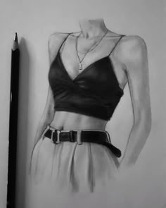 a pencil drawing of a woman wearing a bra top and belted skirt with her hands on her hips