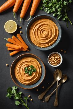 A photo of a  Carrot Hummus which is a type of hummus bowl Healthy Lunch Bowls, Hummus Bowls, Carrot Hummus