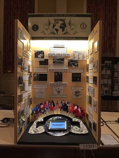 a display case with many different items on the front and back sides, including plates