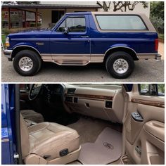 two pictures of the inside and outside of a blue pick - up truck, one showing the driver's seats