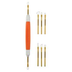 an orange and white crochet hook set with five different sizes of tools next to each other