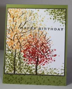 a happy birthday card with trees and leaves