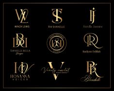 the logos for different businesses are shown in gold and black colors on a black background