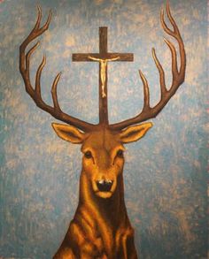 a painting of a deer with a cross on it's head