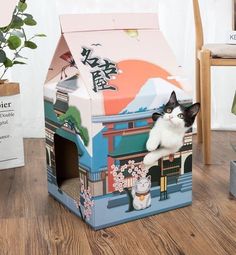 a cat sitting in a house shaped box