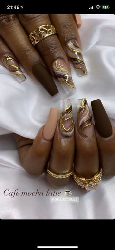 Brown And Grey Nails Design, Pretty Nail Ideas Acrylic Fall, Army Green And Brown Nails, Cream And Gold Nail Designs, Brown Fall Nails 2022, Brown And Gold Marble Nails, Chocolate And Gold Nails, Bronze Nail Art, Coffin Acrylic Nails Gold