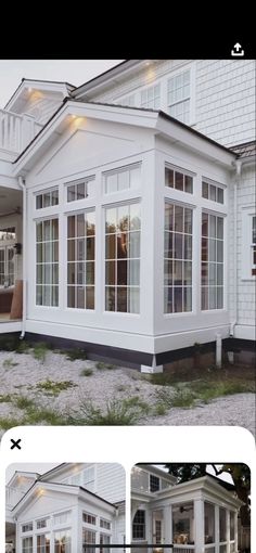 an image of a white house with windows and doors on the front, side and back sides