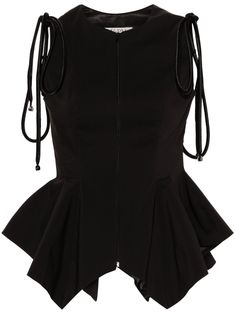 black cotton blend crew neck sleeveless shoulder satin strap detailing dart detailing peplum waist full lining asymmetric hem front zip fastening Tailored Tops, Peplum Top Outfits, Taffeta Top, Belted Top, Peplum Shirt, Peplum Tops, Asymmetric Top, Collared Top, Black Sleeveless Top