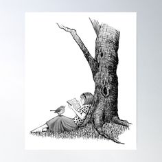 a black and white drawing of a woman sitting under a tree next to a bird