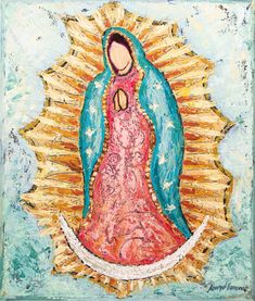 an image of the virgin mary in red and blue, with gold stars on it