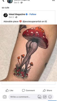 a woman's leg with a mushroom tattoo on her thigh and legs in fish net stockings