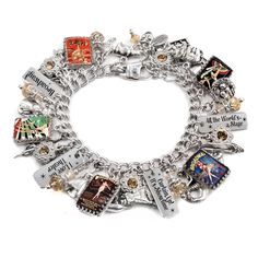 a silver bracelet with many charms on it