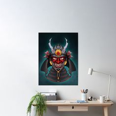 a japanese warrior mask with horns and eyes poster print on the wall above a desk