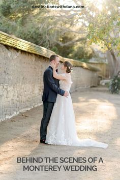 a bride and groom standing next to each other in front of a stone wall with the words behind the scenes of a montgomery wedding