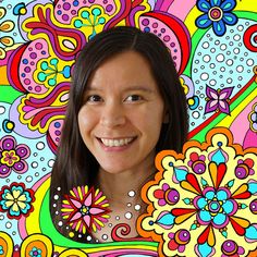 a woman is smiling in front of a colorful background with flowers and paisleys on it