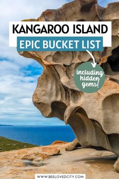 a rock formation with the words kangarooo island on it and an image of rocks in the background