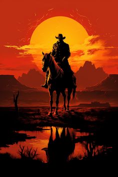 a man riding on the back of a horse next to a sunset