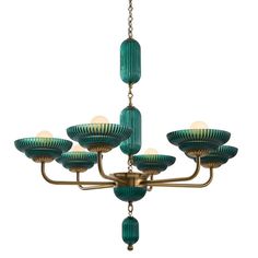 a green chandelier with six lights hanging from it