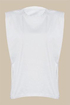 Sleeveless Muscle Tee with Shoulder Pad Detail White Stretch Sleeveless T-shirt, White Crew Neck Vest Top, White Sleeveless Muscle Tee, White Cotton Sleeveless Muscle Tee, White Sleeveless Cotton Muscle Tee, White Sleeveless Muscle Tee For Summer, Casual White Sleeveless Top, White Muscle Tee With Dropped Armholes For Summer, Cotton Tank Top With Dropped Armholes For Summer