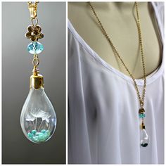 two pictures one with a necklace and the other with an image of a bird in a glass dropper