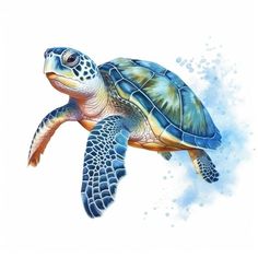 a painting of a sea turtle in blue and green watercolors on a white background