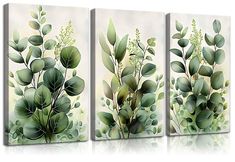 three paintings of green leaves on a white background