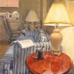 a painting of a blue and white striped couch with a lamp on top of it