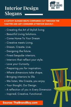 an advertisement for interior design slogans on a blue background with orange and green accents