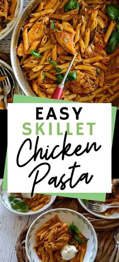 Collage of skillet full of chicken pasta at top and bowlful of chicken pasta at bottom. One Skillet Chicken, Chicken Penne Pasta, Basil Pesto Pasta, Easy Skillet Chicken, Penne Pasta Recipes, Chicken Penne, Meatball Recipes Easy, Italian Cafe, Lamb Meatballs