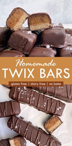 homemade twix bars stacked on top of each other with text overlay that reads homemade twix bars