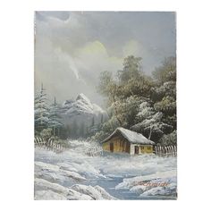 a painting of a snowy mountain scene with a cabin in the foreground