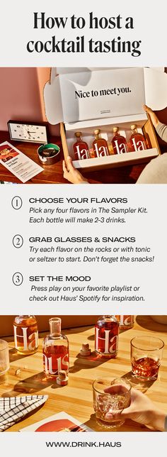 The Haus Sampler Kit is the perfect way to taste your way through any four apéritif flavors. Here's how to host your own tasting party: Customize your own kit and invite some friends — each bottle makes 2-3 drinks. Grab some glasses, your favorite mixers, and some snacks. Try each on the rocks or with tonic to start, then get creative. And don't forget to set the mood with one of our playlists. Head to www.drink.haus to order your Sampler Kit today. Cocktail Tasting, Easy Cocktail, Tasting Party, Easy Cocktails, Brand Photography, Photography Branding, Party Ideas, Product Launch, Branding