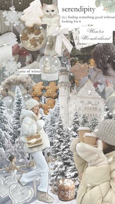 a collage of photos with snow, trees and people dressed in winter clothing eating cookies