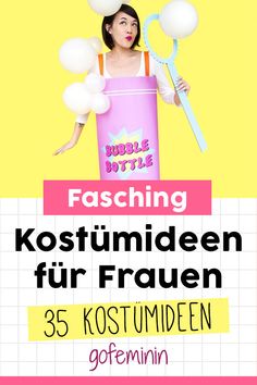 a woman in a pink dress with balloons on her head and the words fasching kostunden fur fraueen