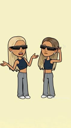 two cartoon characters with sunglasses on their faces and one has her hand up to the side