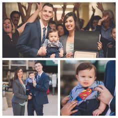 a collage of photos with people in suits and ties, one holding a baby