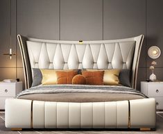 Contemporary Spacious Gold Plated Leather Bed / Lixra Luxury Bed Designs Modern, Modern Luxury Bedroom Bed Frames, Bed Back Design Modern Luxury, Headboard Design Modern, Luxury Bed Headboard Design, Bed Headboard Design Modern, Upholster Bed, Simple Beds, Modern Luxury Bedroom Furniture