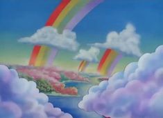 a painting of clouds and rainbows in the sky