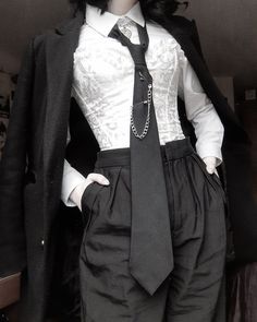 here is an idea to were at a fancy pary wow!  this is not my pgogryfphy but dam itssssso coooool and cute Gothic Suit Aesthetic, Villaincore Aesthetic Outfit, Emo Suits, Emo Prom Suit, Dark Aesthetic Outfits Classy, Masc Fem Outfits, Prom Suit Women, Ouji Style, Olay Retinol