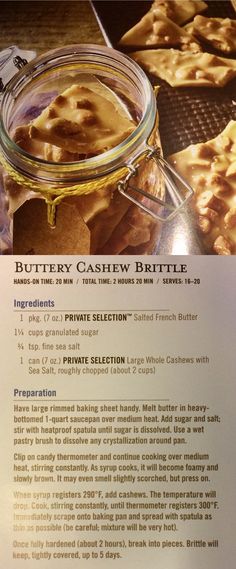 the recipe for buttery cashew brittle in a jar