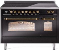 an old fashioned black oven with gold trimmings on the front and side doors