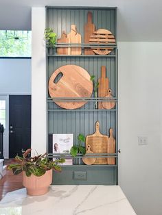 the kitchen counter is clean and ready to be used as a place for cutting vegetables