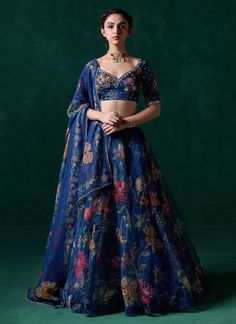 Dark Blue Multicolor Floral Printed Lehenga Royal Blue Lehenga Color Combinations, New Lehenga Designs, Lehenga Color Combinations, Royal Blue Lehenga, Dupatta Embroidery, Choli Dress, Printed Lehenga, Half Saree Lehenga