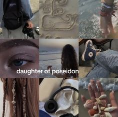 a collage of photos with the words daughter of posiedon written in sand