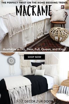 the bed is made up with fringes and pillows