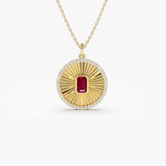 Ruby Necklace / 14k Gold Ruby and Diamond Ballerina Disc Medallion Necklace / Ruby and Diamond Charm Pendant July Birthstone / Push Present Ferko's Fine Jewelry Features * Made to Order * Gold Kt: 14K (also available in 18K) * Available Gold Color: Rose Gold, Yellow Gold, White Gold * The diameter of Disc: 17 MM * Emerald Cut Ruby: 1 pc 5 x 3 MM * Round Diamond: 42 pcs 1.1 MM  * Total Diamond CTW: 0.25 * Total Ruby CTW: 0.32 * Diamond Color-Clarity: G Color Si Clarity * Ready to Ship in 1-2 Busi Push Present, M Necklace, 3d Printed Jewelry, Ruby Necklace, Medallion Necklace, Ruby Jewelry, Diamond Charm, July Birthstone, Emerald Jewelry