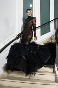 Mock Neck Long Sleeve Tulle Draped Gown with Pleated Layered Mermaid Hem Pre-Order 4-6 Weeks Final Sale Made in NYC For inquiries regarding customization email: info@christiansiriano.com Draped Gown, Elegant Gowns, Drape Gowns, Goth Girl, Senior Prom, 31 Days, Christian Siriano, Fashion Board, Glam Dresses