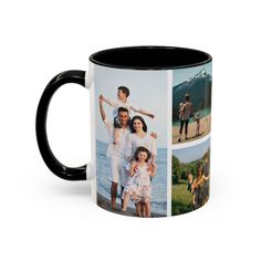 a black and white coffee mug with three photos on it